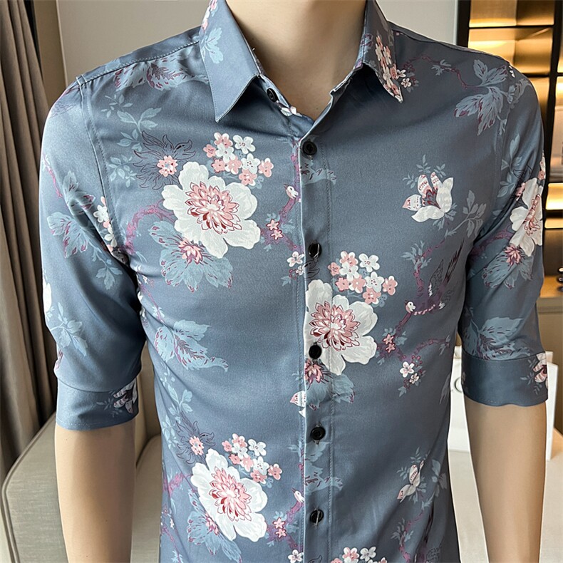 夏季男士七分袖印花衬衫男休闲修身条纹衬衣A236-8811-P55,男装衬衫,电商A236