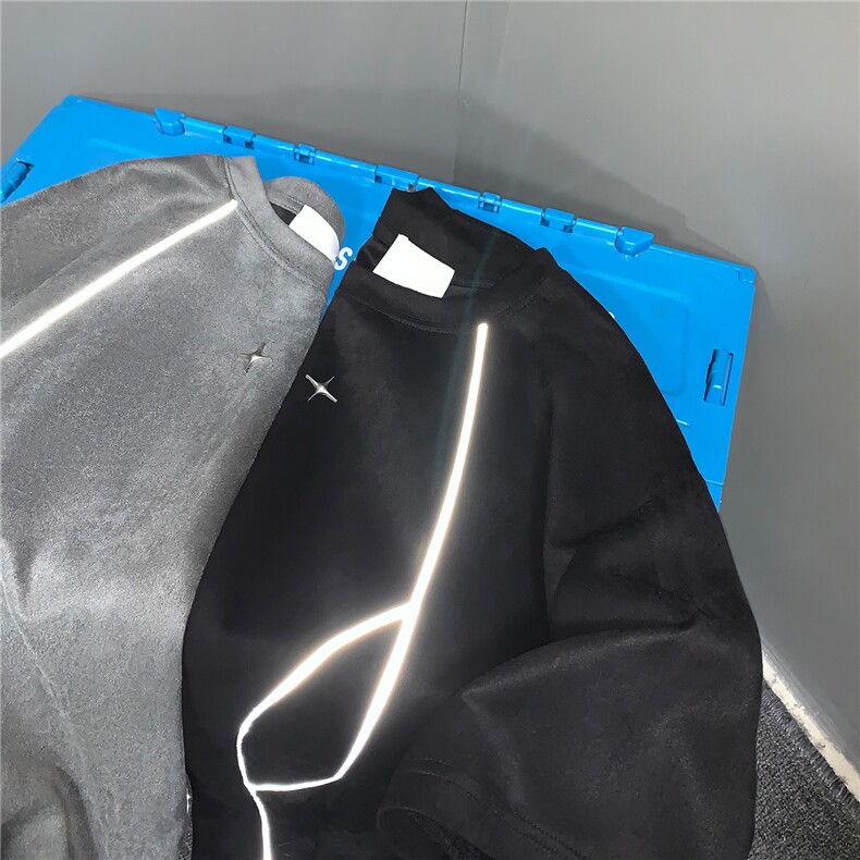 夏季新品设计感美式高街鹿皮绒反光条情侣短袖上衣男H935P35,男装T恤,电商A341