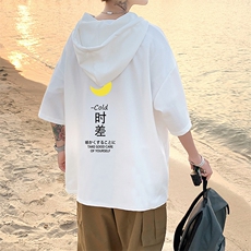 LD54047-P45连帽短袖t恤男大码胖子带帽五分袖中袖，男装T恤，电商A040