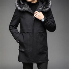 AL81001冬季男士派克服可脱卸兔毛内胆银狐毛领中长款风衣P900图片