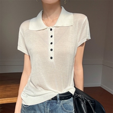 25夏新款短袖女Polo领薄款针织半袖轻奢高级感宽松t恤上衣，女装T恤，雪真羊绒