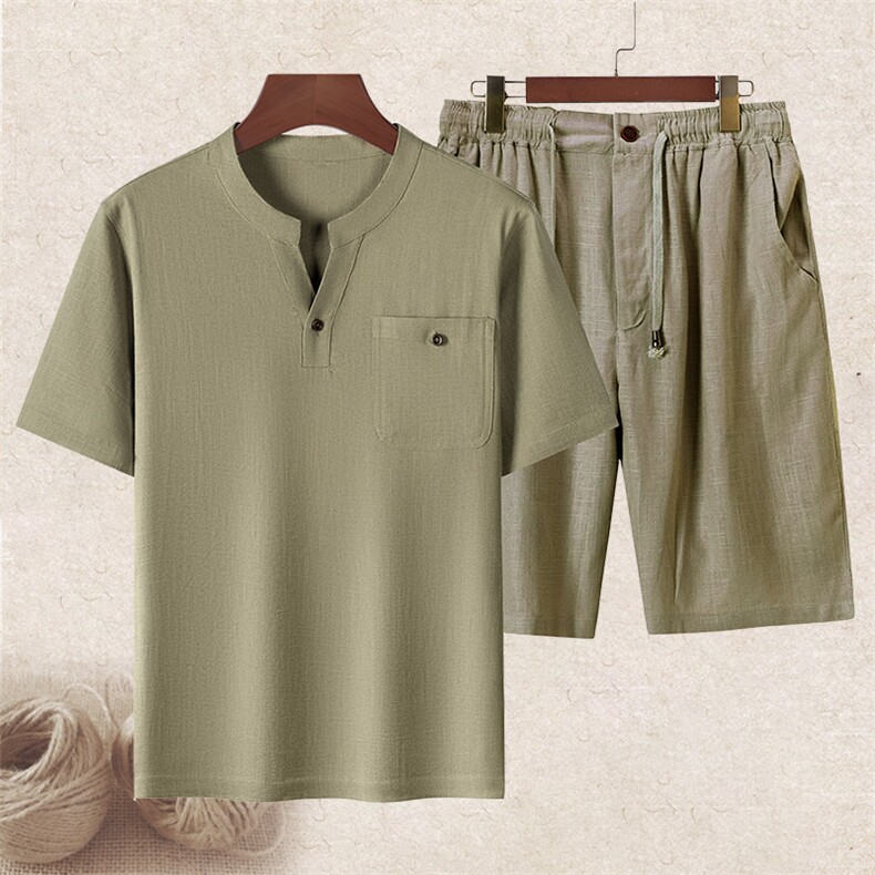 长年现货夏男中老年风亚麻套装中年短袖T恤套装棉麻短裤，男装中老年男装，钱塘723