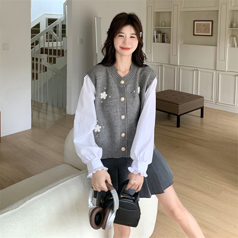 法式复古小香风套装女2025春秋季新款花朵针织马甲白色衬衫两件套,女装马甲,维壹