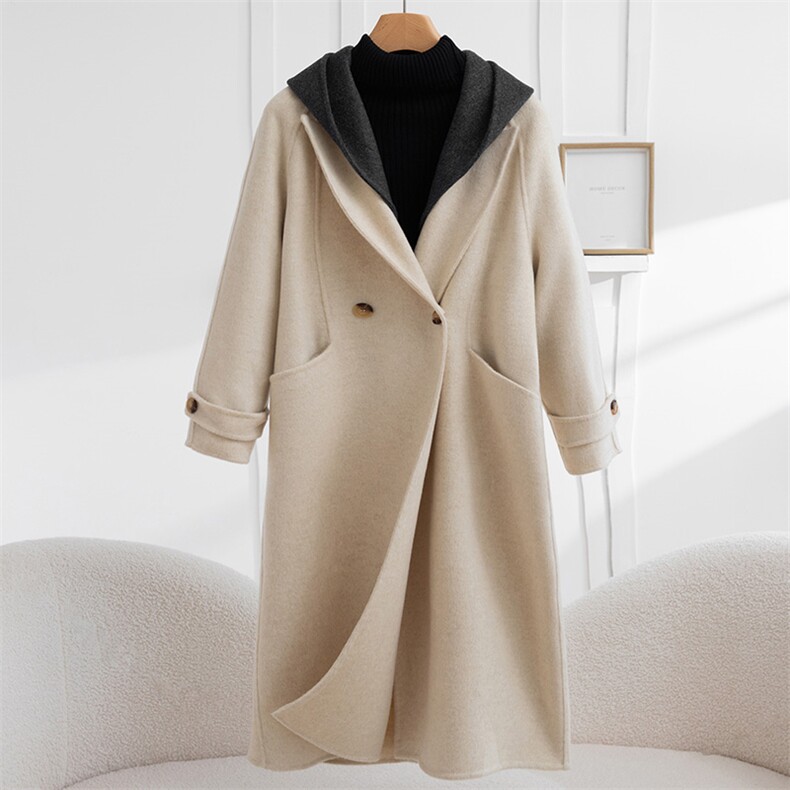 2025年秋季长袖常规舒适时尚百搭柔软连帽大衣，女装毛呢外套，怡欣双面呢工厂店