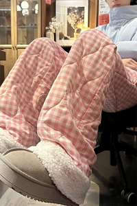 羊羔绒格纹棉裤男款冬季2024新款美式复古青少年加厚运动滑雪裤子图片