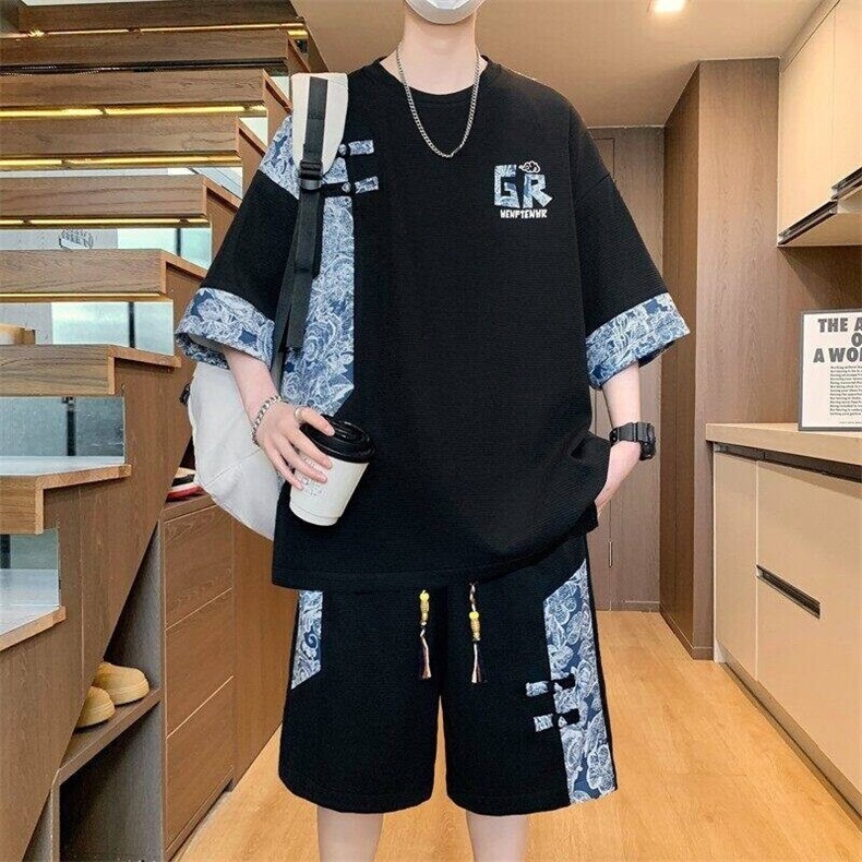 TZ25302-P55夏季休闲T恤短裤男两件套港风学生宽松短袖运动套装,男装牛仔裤,电商D310B