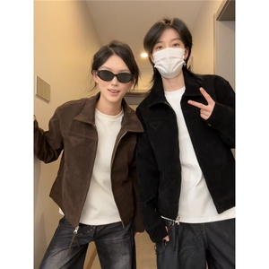 网 鹿皮绒短款行政夹克男女棕色外套韩系轻奢工装飞行员潮B87-P73图片