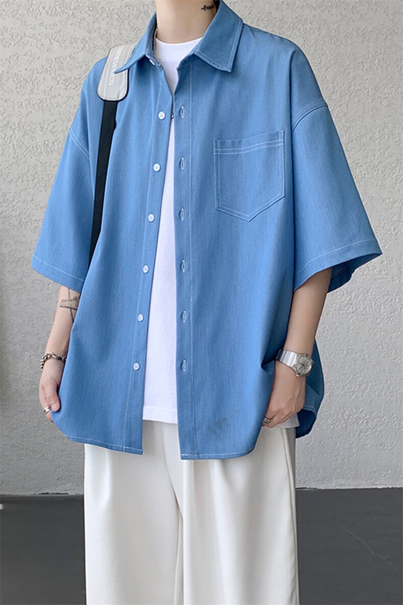 8XL-M冰丝牛仔短袖衬衫男款夏季薄款宽松慵懒衬衣外套DC28006P60,男装T恤,电商B312