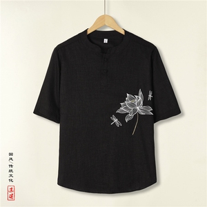 夏季原创现货T恤立领休闲亚麻风大码短袖垂感五分袖T512P55图片
