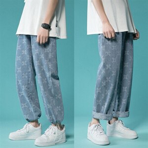 港风牛仔裤男中性风提花牛仔裤宽松直筒九分DS-C407-N205-P45图片