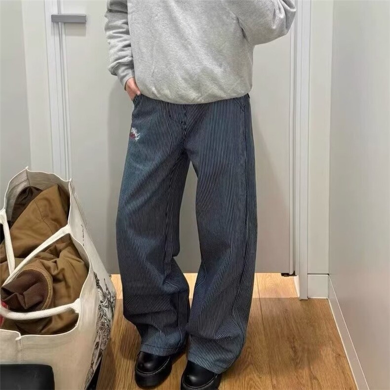 阔腿条纹工装牛仔裤女2025春秋新款高腰显瘦直筒弯刀裤子NZ1224,男装牛仔裤,星座516A