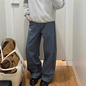 阔腿条纹工装牛仔裤女2025春秋新款高腰显瘦直筒弯刀裤子NZ1224