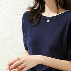 24新款菠萝针圆领小香风短袖套头针织衫拼接女士显瘦洋气上衣，女装T恤，雪真羊绒