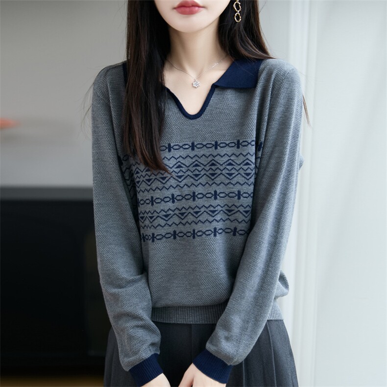秋冬新款精纺针织衫毛衣女拼色POLO领提花上衣宽松长袖打底毛衫,女装羊毛衫,唐诺