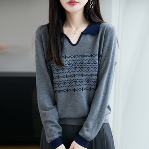 秋冬新款精纺针织衫毛衣女拼色POLO领提花上衣宽松长袖打底毛衫,唐嫣现身机场穿衣搭配图片