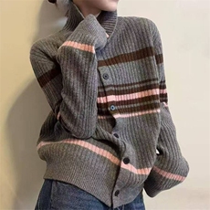 2026年秋季时尚百搭通勤简约休闲抽条条纹开衫，女装针织衫/毛衣，萱芳婷羊绒