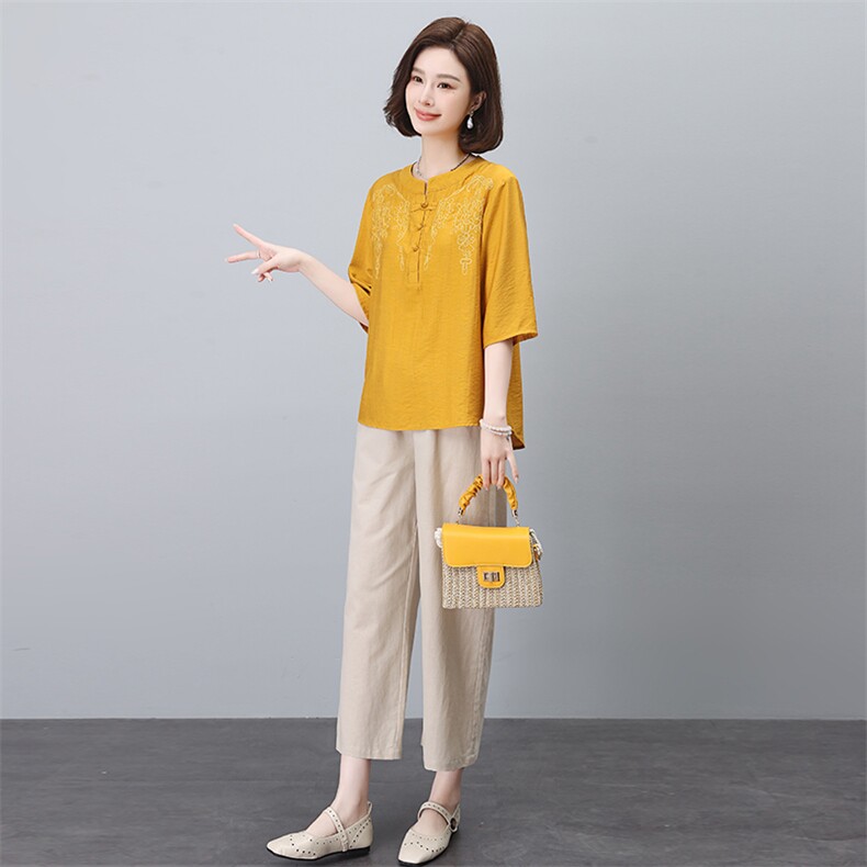 棉麻刺绣衬衫套装女2025夏装新款时尚中年妈妈宽松减龄亚麻两件套,女装套装/套裙,依恋蒂丝