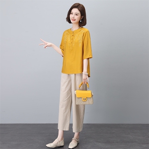 棉麻刺绣衬衫套装女2025夏装新款时尚中年妈妈宽松减龄亚麻两件套图片