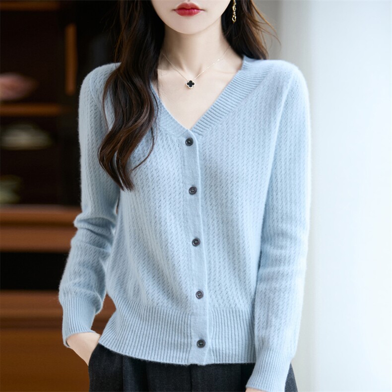 新款秋冬v领针织开衫单排扣时尚简约，女装针织衫/毛衣，昭美羊绒
