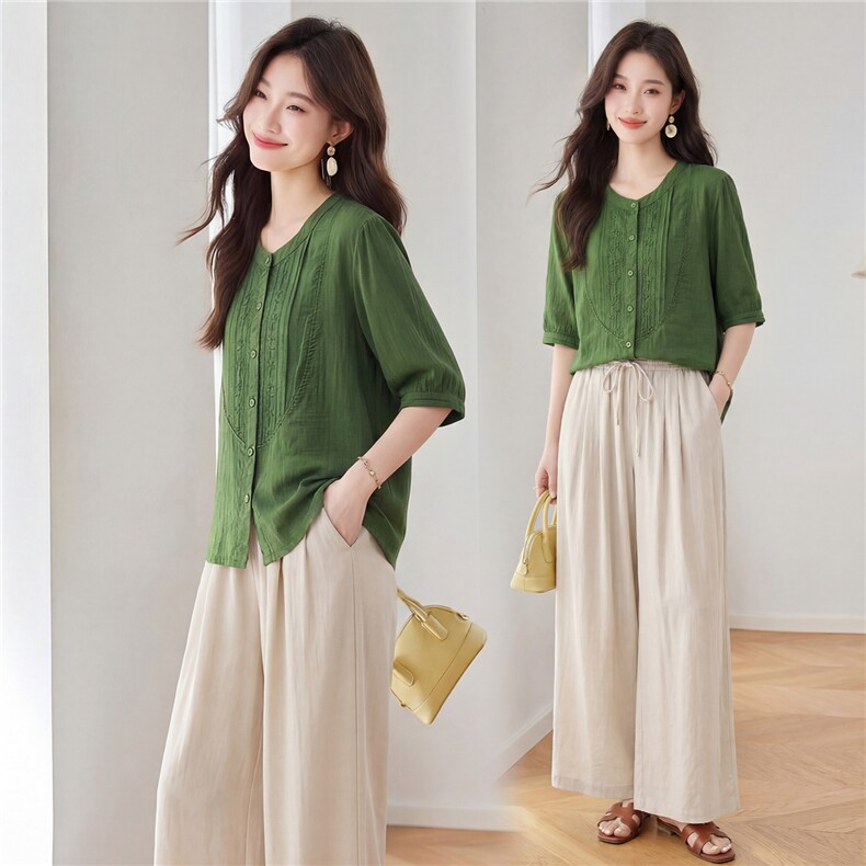 2026年夏季新款刺绣阔腿裤两件套套装女，女装套装/套裙，依万里