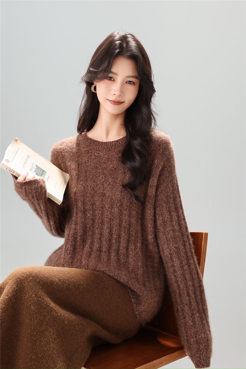 2025年秋季时尚百搭通勤简约休闲坑条圆领,女装羊绒衫,美轩羊绒