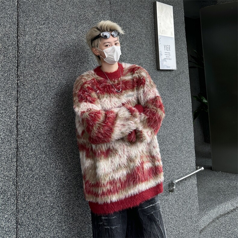 慵懒风软糯马海毛针织衫毛衣男女情侣秋冬复古圆领宽松外套MY358,男装针织衫/毛衣,星座506