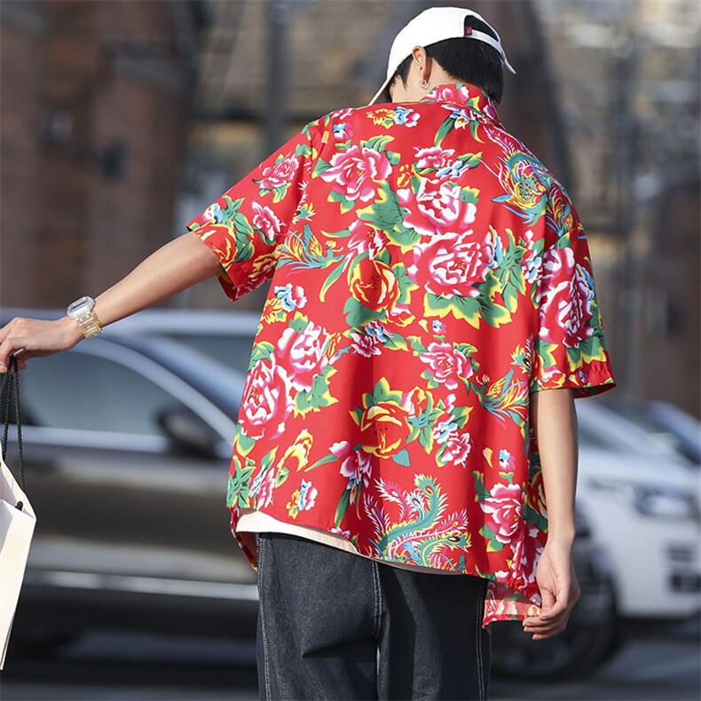 DC203男女中性风东北大花短袖衬衫衬衣外套民族风汉服团队服,男装衬衫,星座115A(原星座507）