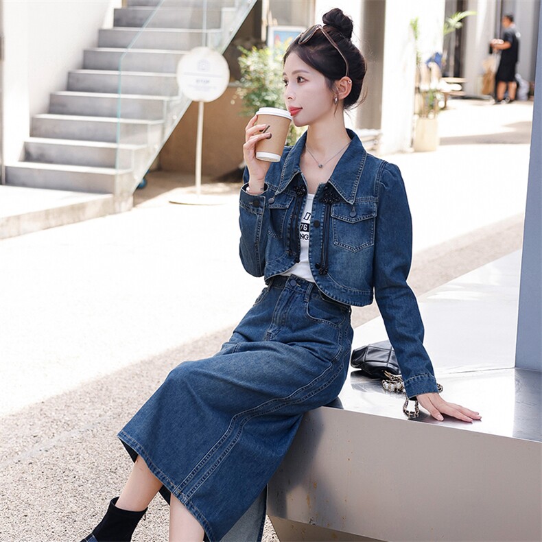 新中式牛仔套装女装2025新款春秋今年流行时尚复古半身裙两件套,女装套装/套裙,慧尚依恋