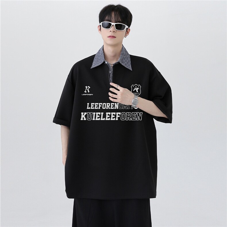 翻领衬衫领美式复古潮牌假两件OLO衫短袖上衣高级韩系男T369-48,男装Polo衫,电商C307