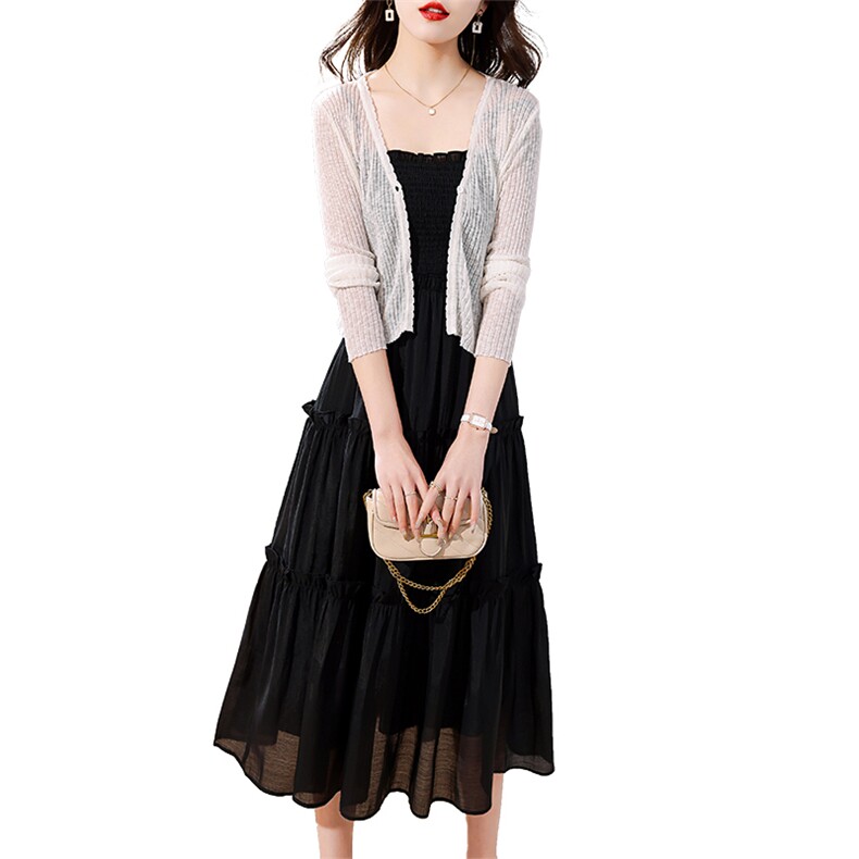 2023年春夏季时尚潮流清新修身显瘦吊带连衣裙+针织披肩两件套,女装套装/套裙,奋斗女王