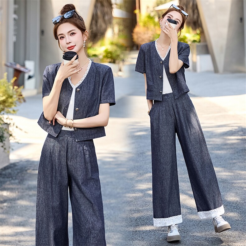 牛仔套装女2025夏季新款韩系小香风气质蕾丝九分阔腿裤穿搭一整套,女装套装/套裙,布芭啦