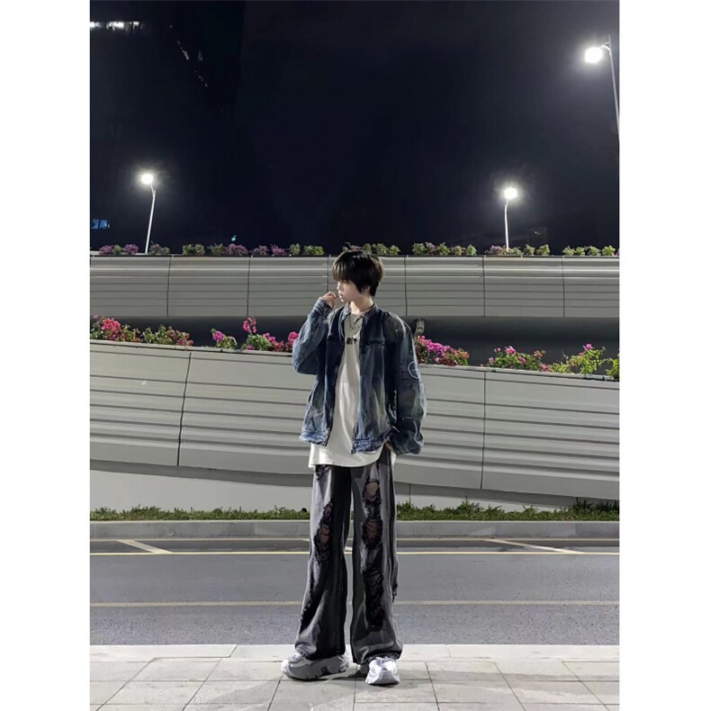 破洞牛仔裤男美式高街vibe裤子潮牌痞帅炸街直筒微喇裤KZA143-P55,男装牛仔裤,星座1007（原301D）