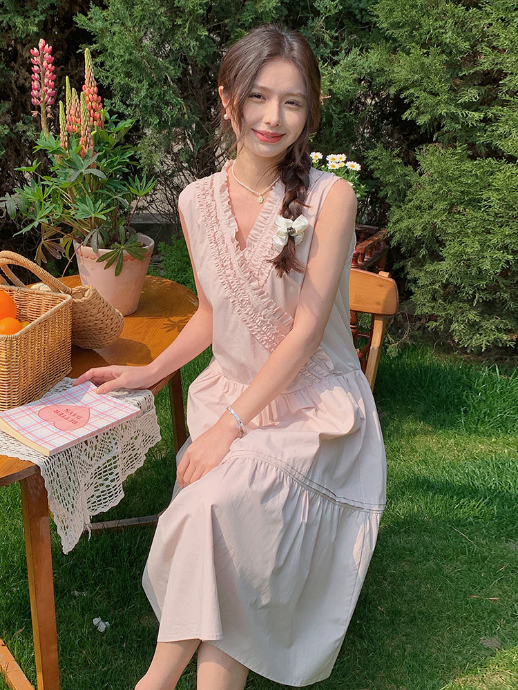 浅粉色木耳边无袖连衣裙女2025夏季新款韩系小个子甜美减龄背心裙,女装连衣裙,浙宝220