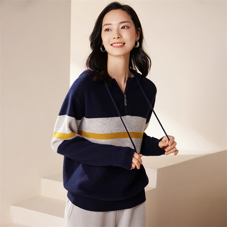 2025春秋新款羊绒衫女100纯山羊绒连帽休闲条纹撞色套头针织衫,女装羊绒衫,绒歆坊