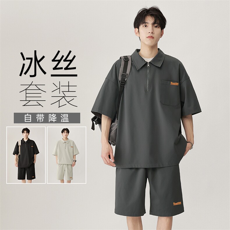 夏季日系大码短袖套装Polo衫五分裤男潮痞帅冰丝两件套TZ056-P65图片