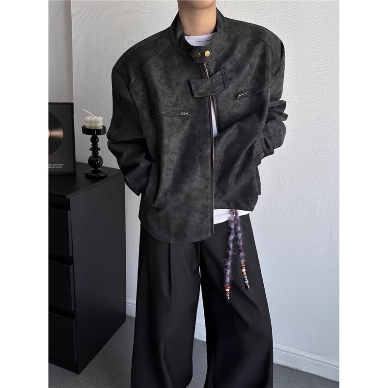 1506/Q25830/P65灰色皮衣外套男春秋美式复古机车骑行服飞行外套,男装皮衣,星座1506