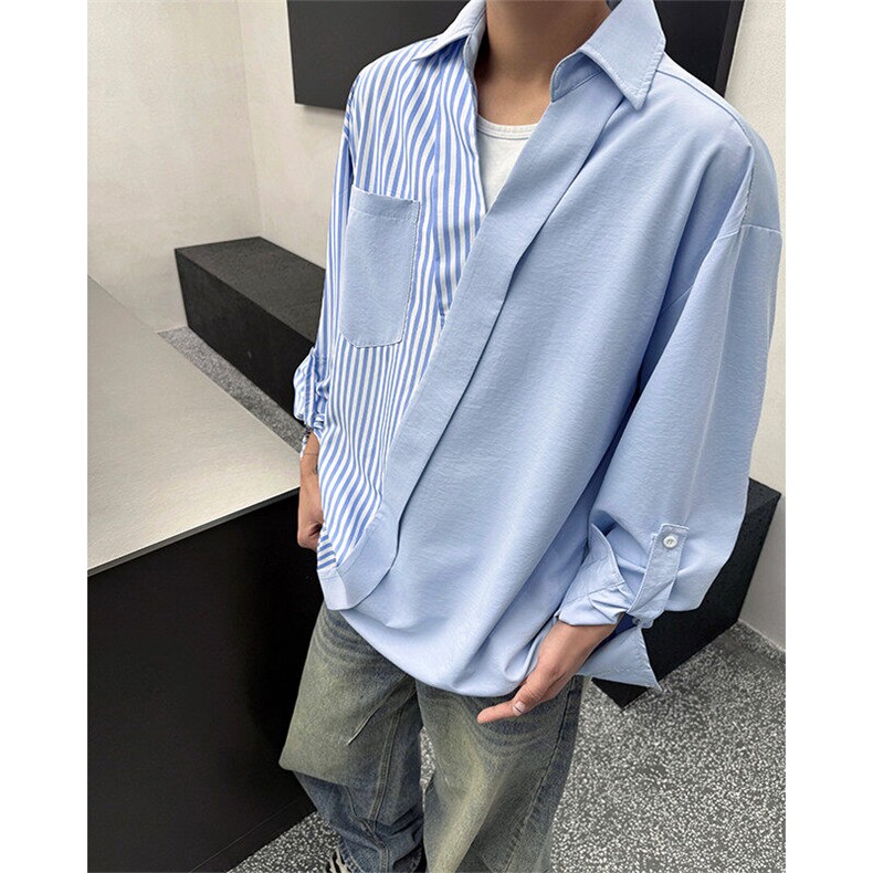 春夏新款韩系拼接条纹衬衫男宽松V领休闲长袖衬衫打底潮流衬衫P49,男装衬衫,电商B319