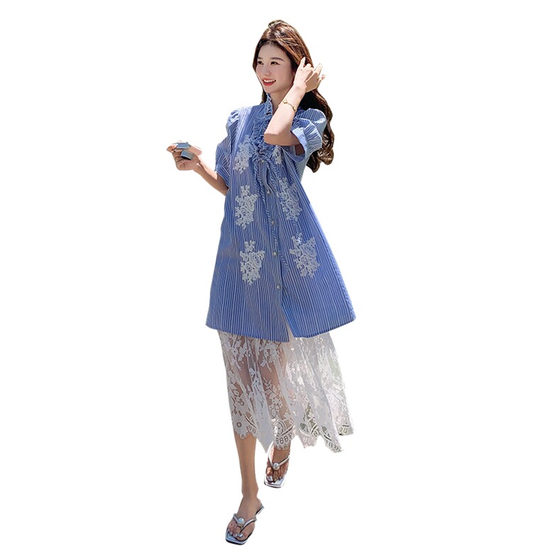 温柔系穿搭蓝色条纹刺绣衬衫裙套装女夏新款显瘦蕾丝吊带裙两件套,女装套装/套裙,2D078