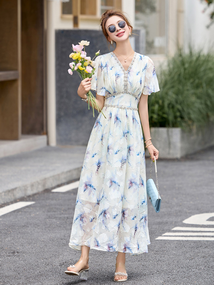 法式印花短袖连衣裙女2025夏季新款收腰显瘦优雅镶钻拼接v领长裙,女装连衣裙,辉煌依升