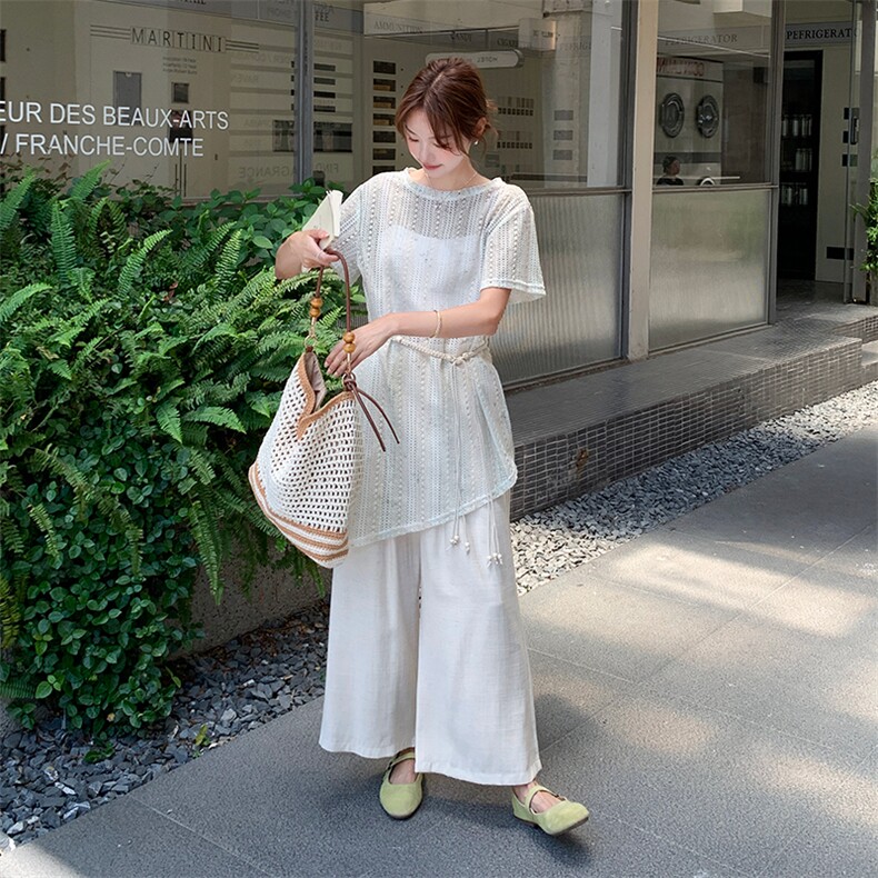 冷淡系松弛感罩衫阔腿裤套装女2025夏新款韩系气质收腰显瘦两件套图片