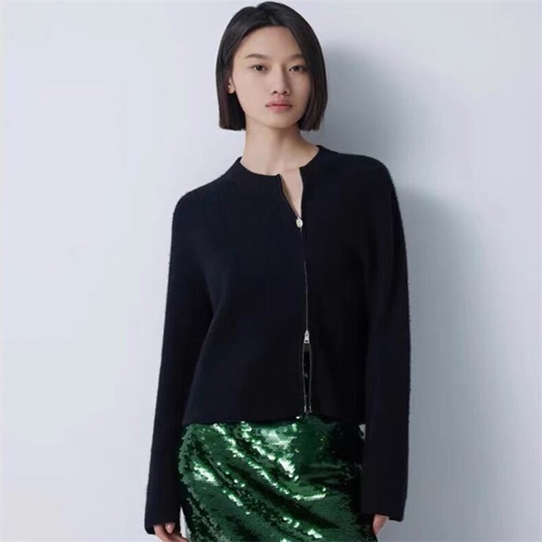 时尚百搭秋季新款长袖纯色圆领开衫羊毛衫,女装羊毛衫,珍珑羊绒