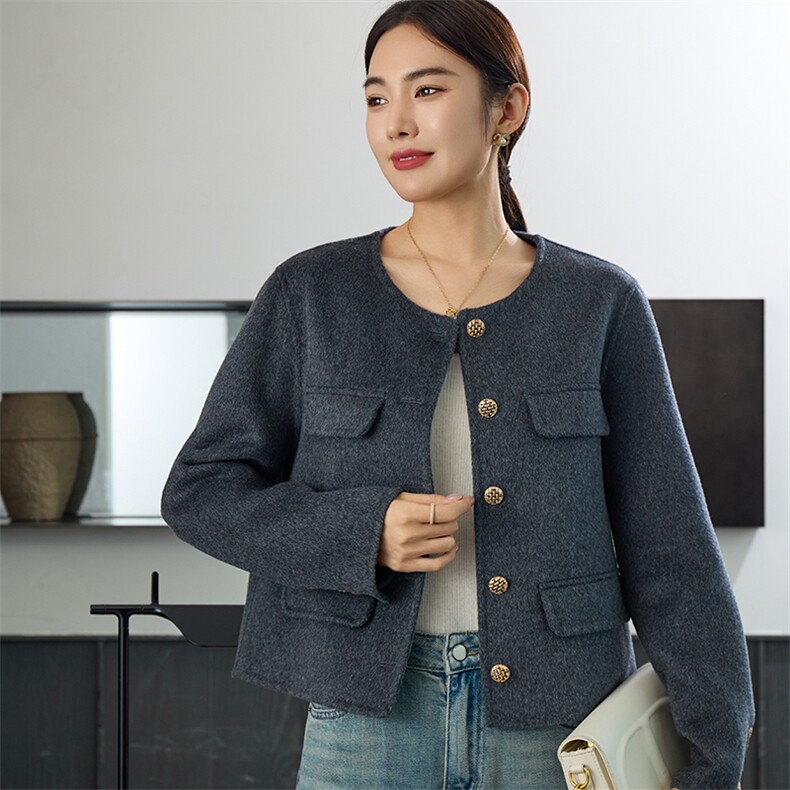时尚百搭羊毛女士双面呢外套优雅显瘦短款设计秋冬,女装双面呢大衣,岳达羊绒