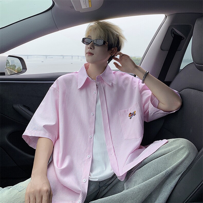 B221美式ins港风宽松薄款条纹短袖衬衫SY2556-特P35控59,男装衬衫,电商B221