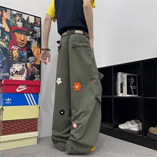 2025夏季新款直筒工装裤男女美式宽松花花刺绣伞兵裤KZ0126-P70，男装工装外套，星座308B-1