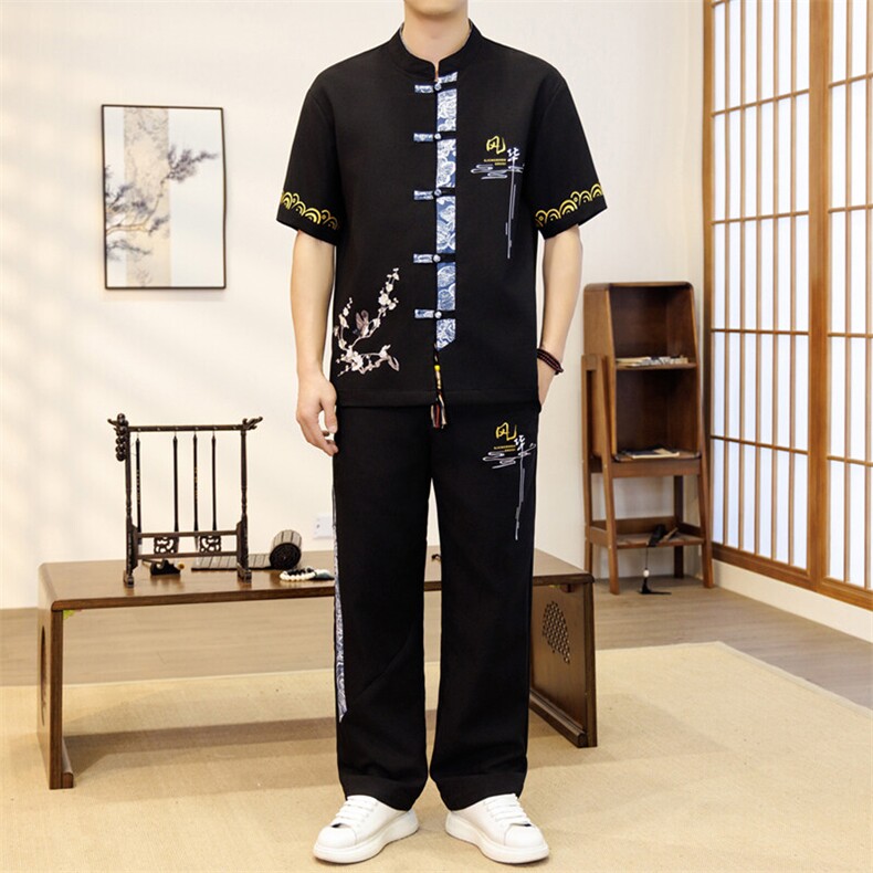 潮风套装男新中式短袖衬衫时尚休闲长裤两件套JZ303-P63,男装T恤,星座310B-3