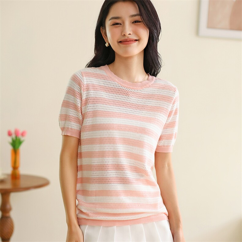 设计感圆领黑白条纹短袖天丝T恤女夏内搭宽松慵懒风针织上衣外穿，女装T恤，伊绒腾羊绒