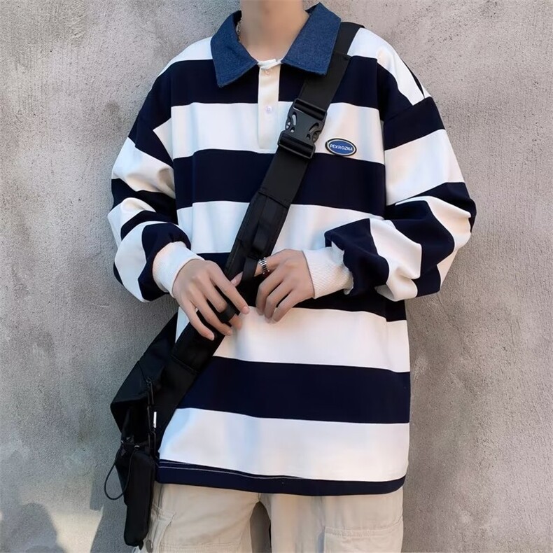 春季撞色宽松长袖Polo衫日系cityboy条纹翻领卫衣男T1487-P32,男装T恤,星座512-2