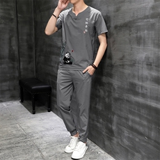 风刺绣短袖T恤套装男士大码宽松长裤男休闲复古潮HO15331-P58，男装休闲套装，星座1105-3