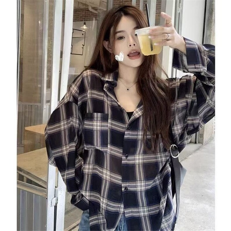 TC500-P45新款格子防晒宽松衬衫夏季薄款时尚叠穿开衫,女装衬衫,星座617A-2