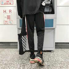 703港风男式休闲运动裤针织拼色印花束脚长裤，男装休闲裤，星座703